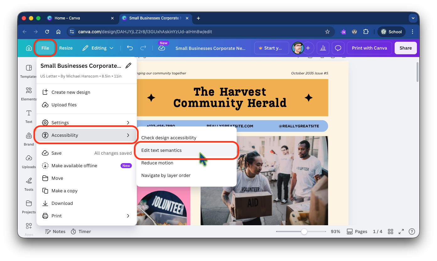Canva's File menu open to show the Accessibility submenu and the Edit text semantics option. The File menu item, the Accessibility item, and the Edit text semantics item are all highlighted with red boxes.